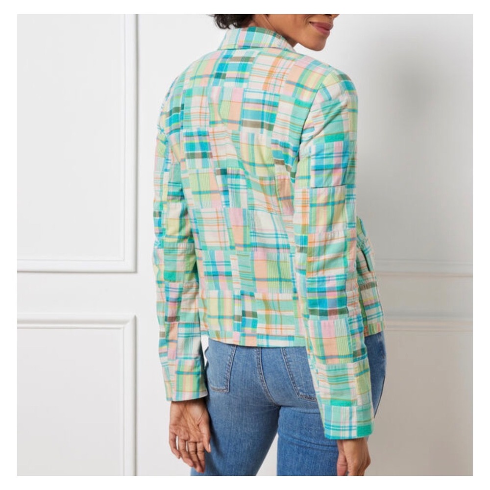 Talbots Blazer Women 14 Multi Madras Patchwork Excellent Cropped Double Breasted - Picture 4 of 12